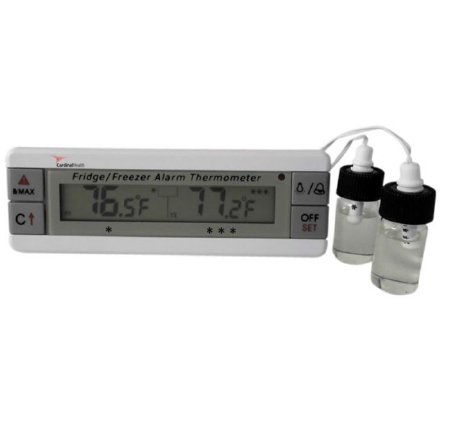 Cardinal Digital Refrigerator / Freezer Thermometer with Alarm CardinalHealth™ Fahrenheit / Celsius -40° to +158°F (-40° to +70°C) 2 Bottle Probes Flip-out Stand / Wall Mount Battery Operated