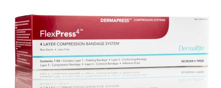 DermaRite Industries 4 Layer Compression Bandage System FlexPress4™ 4 Inch X 3-4/5 Yard / 4 Inch X 4-9/10 Yard / 4 Inch X 9-1/2 Yard / 4 Inch X 6-1/2 Yard Standard Compression Self-adherent / Tape Closure Tan / White NonSterile