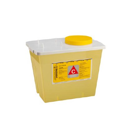 Bemis Healthcare Chemotherapy Waste Container Bemis™ Sentinel 9 H X 7-3/4 W X 11-5/8 L Inch 2 Gallon Yellow Base / White and Yellow Lid Vertical Entry Gasketed Screw On Lid
