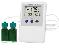 Cole-Parmer Inst. Digital Refrigerator / Freezer Thermometer with Alarm Traceable® Ultra™ Fahrenheit / Celsius -58° to +158°F (-50° to +70°C) 2 Bottle Probes Multiple Mounting Options Battery Operated