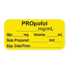 Precision Dynamics Drug Label PDC® Anesthesia Label PROpofol_mg/mL Qty: _mg Volume_mL Yellow 3/4 X 1-1/2 Inch - M-996703-1350 - Roll of 500