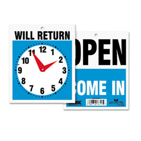 Headline® Sign Double-Sided Open/Will Return Sign w/Clock Hands, Plastic, 7 1/2 x 9