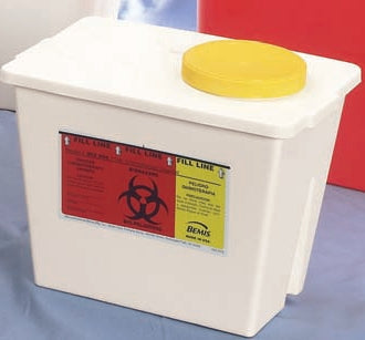 Bemis Healthcare Chemotherapy Waste Container Bemis™ Sentinel 9 H X 7-3/4 W X 11-3/5 L Inch 2 Gallon Translucent Base/ White and Yellow Lid Vertical Entry Gasketed Screw On Lid