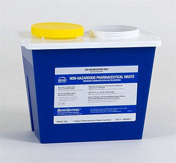 Bemis Healthcare Pharmaceutical Waste Container Bemis™ Sentinel 9 H X 11-5/8 L X 7-3/4 W Inch 2 Gallon Blue Base / White with Yellow Lid Vertical Entry Gasketed Screw On Lid