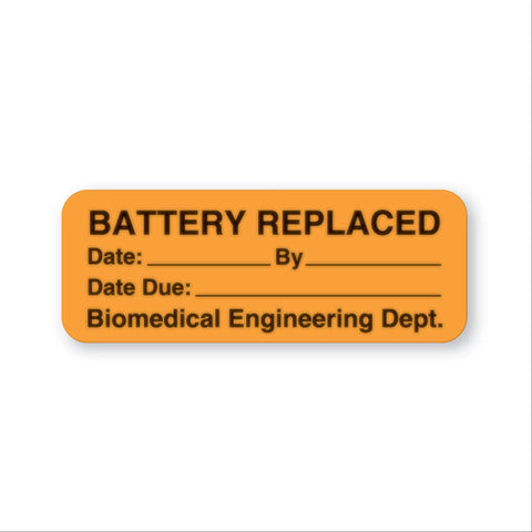 Biomedical Engineering Dept Labels Biomed Engin Dept "Battery Replaced" • FL Orange • 2"W x 0.75"H ,470 / pk - Axiom Medical Supplies