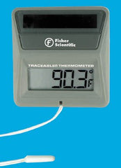 Fisher Scientific Digital Thermometer with Alarm Fisher Scientific™ Traceable® Fahrenheit / Celsius -58° to +158°F (-50° to +70°C) Short Epoxy Sensor Wall Mount Solar Power / Battery Backup
