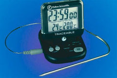 Fisher Scientific Digital Thermometer with Alarm Fisherbrand™ Traceable® Fahrenheit / Celsius 32° to 392°F (0 to 200°C) Stainless Steel Probe Desk / Wall Mount Battery Operated