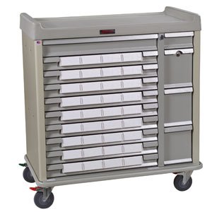 Harloff Medication Cart Standard Line Steel 23.5 X 43 X 45.75 Inch Beige 17 X 27.5 Inch Left Side Drawer, 17 X 6.25 Inch Right Side Drawer