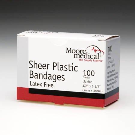 Sheer Plastic Bandage Adhesive Strips - 3/8 x 1-1/2 Inches - Box of 10