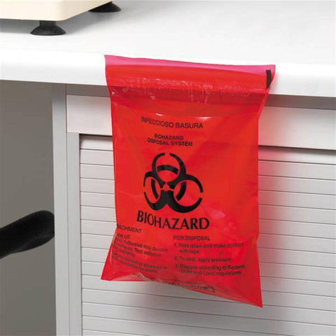 Stick-On Biohazard Bags Biohazard • 9"W x 10"H • 1.4qt ,100 per Paxk - Axiom Medical Supplies