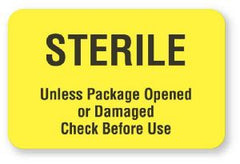 United Ad Label Pre-Printed Label Advisory Label Yellow Paper Sterile Unless Package Opened Or Damaged Check Before Use Black Safety and Instructional 1-1/8 X 1-3/4 Inch - M-624981-4549 - Roll of 1