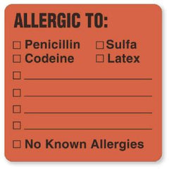 United Ad Label Pre-Printed Label UAL™ Allergy Alert Fluorescent Red EDP Paper Allergic To, Penicillin Sulfa Codeine Latex No Known Allergies Black Alert Label 1-1/2 X 1-1/2 Inch - M-724602-4318 - Roll of 1