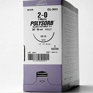 Suture with Needle Polysorb Absorbable Coated Violet Suture Braided Polyester Size 1 30 Inch Suture 1-Needle 48 mm Length 1/2 Circle Taper Point Needle