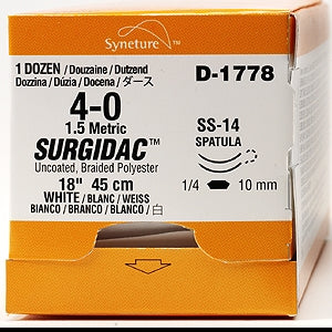 Suture with Needle Surgidac Nonabsorbable Uncoated White Suture Braided Polyester Size 4 - 0 18 Inch Suture Double-Armed 8 mm Length 1/4 Circle Spatula Needle