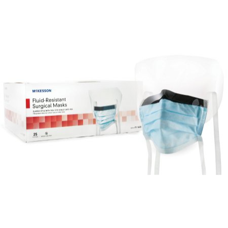 Surgical Mask with Eye Shield McKesson Anti-fog Pleated Tie Closure One Size Fits Most Blue NonSterile ASTM Level 3 - M-226058-2852 - Each