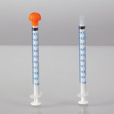 NeoMed Oral Dispensers with Tip Caps, 1mL, Clear/Blue Markings, 100 Pack H-19405CB-10-16593