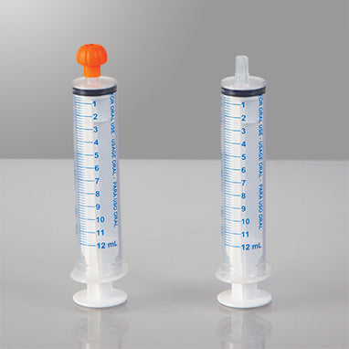 NeoMed Oral Dispensers with Tip Caps, 12mL, Clear/Blue Markings, 100 Pack H-19414CB-10-16571